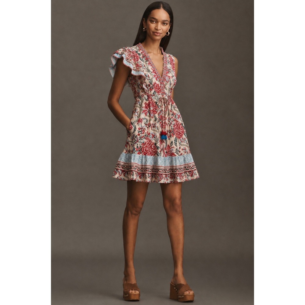 La Plage Floral Boho Mini Dress XS Cotton Tassel Ruffle Sleeve Dress $325